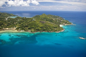 Aerial view of the bay of Anse aux Poules Bleues, Anse Aux Poules Bleues, Sud-Mahe, Mahe, Seychelles Images Dated 6th April 2012: Aerial view of the bay of Anse aux Poules Bleues, Anse Aux Poules Bleues, Sud-Mahe, Mahe, Seychelles