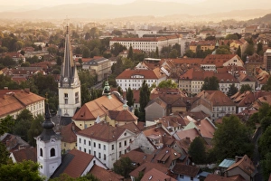 Aerial view of church and rooftops