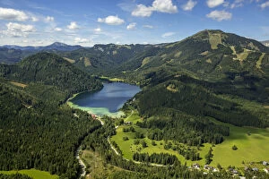 Images Dated 25th August 2014: Aerial view, Erlaufsee with Mt. Gemeindealpe, St. Sebastian, Styria, Austria