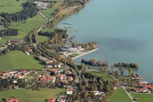 Aerial view, Festspielhaus theatre on Forggensee lake near Fuessen in Ostallgaeu, Allgaeu, Bavaria, Germany, Europe