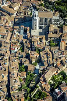 Santa Maria Prints: Aerial view, Girona Cathedral, old town, Girona, Catalonia, Spain