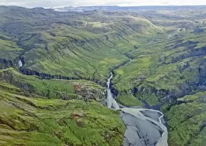 Aerial view, glacial river and canyon, Vatnajoekull and Skaftafell National Park, Southern Region, Iceland