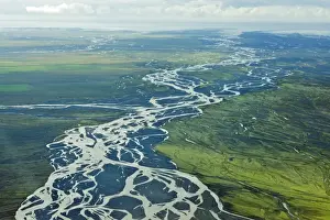 Aerial view, glacial river meandering over the sandy surface of the Skeioararsandur desert plain, Vatnajoekull and Skaftafell National Park, Southern Region, Iceland