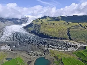 Aerial view of the glacier tongue of Svinanesjoekull Glacier, a part of Vatnajoekull or Vatna Glacier, Southern Region