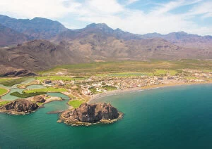 Aerial view of Loreto Bay, Nopolo Rock, Sierra de la Giganta, Baja California Sur, Mexico