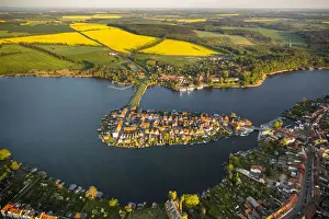 Malchow Prints: Aerial view, Malchow with Malchower See lake and the island with the historic centre and its old market square