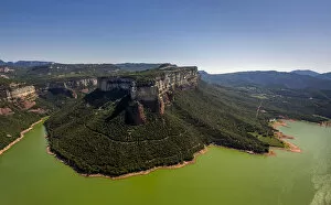 Images Dated 18th July 2014: Aerial view, mesa, layered rock, Panta de Sau, Sau Reservoir, river Ter, Riu Ter