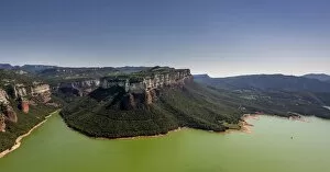 Images Dated 18th July 2014: Aerial view, mesa, layered rock, Panta de Sau, Sau Reservoir, river Ter, Riu Ter