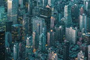 Aerial view of New York City skyline at night