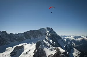 Snowcapped Gallery: Aerial view, paragliding, Mt. Zugspitze, Garmisch-Partenkirchen, Bavaria, Germany, Europe