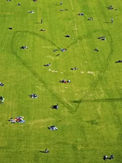 Aerial view, people and a heart in a park next to Berlin Cathedral, Berlin, Germany, Europe