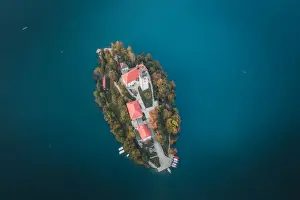 Aerial view of the Pilgrimage Church of the Assumption of Maria on Bled Island in Bled