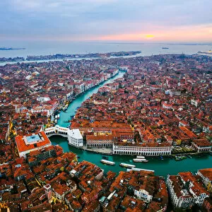 Aerial Art Gallery: Aerial view of Rialto and city, Venice, Italy