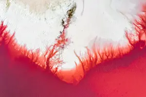 Aerial view of the salty pink lake. Pink Salt Lake Hutt Lagoon
