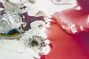 Aerial view of the salty pink lake. Pink Salt Lake Hutt Lagoon
