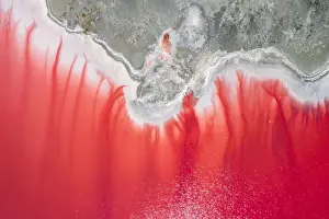 Aerial view of the salty pink lake. Pink Salt Lake Hutt Lagoon