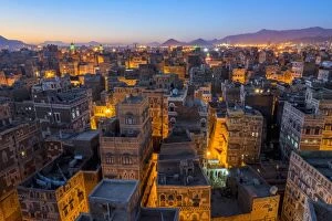 Images Dated 28th April 2016: Aerial view of Sanaa cityscape at twilight, Yemen