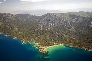 Nevada Prints: An aerial view of Sand Harbor on the east shore of Lake Tahoe in the summer, Nevada