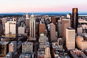 Pacific Northwest Collection: Aerial view of Seattle downtown at sunset, USA