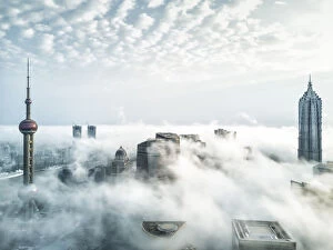 Images Dated 4th March 2018: Aerial View of Shanghai Lujiazui Financial District in Fog