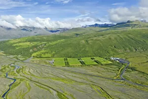 Aerial view of Skaftafell National Park, with a campsite at the front, Southern Region, Iceland