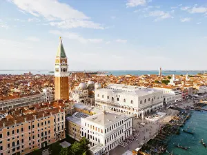 Aerial view over St Mark's square and city of Venice at sunset