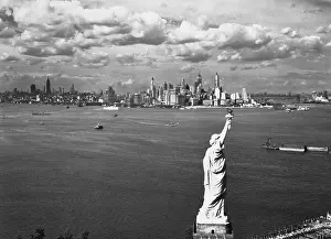 Aerial View of Statue of Liberty and New York City Skyline