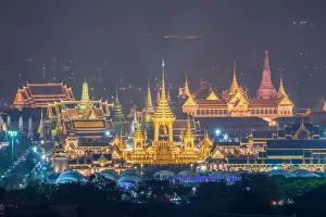 Aerial View of Thailand Grand palace and Wat Phra Kaew famous place with Wat Arun Temple in bangkok yai area. Thailand Royal Crematorium for King of thailand Bhumibol Adulyadej at Sanam Luang Park in Bangkok, Thailand