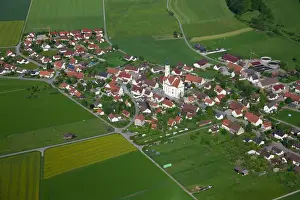 Aerial view, town of Steinhausen with the Pilgrimage Church of Our Lady and the Parish Church of St. Peter and Paul, Baden-Wuerttemberg, Germany, Europe
