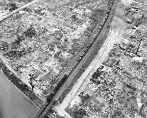 Hiroshima Prints: Aerial View of Train in Bombed out Hiroshima