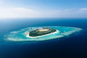 Japan Prints: Aerial view of tropical Japanese island with coral reef and blue water, Okinawa