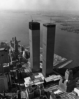 Aerial view of the Twin Towers of the World Trade Center Construction