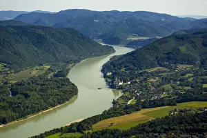Wachau Prints: Aerial view, Wachau with Servite monastery Schloss Schonbuhel Castle on the Danube