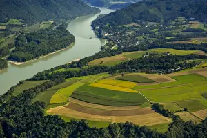 Wachau Prints: Aerial view, Wachau with Servite monastery Schloss Schonbuhel Castle on the Danube