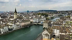 Cityscapes Prints Gallery: Aerial View Of Zurich And The Limmat River