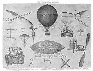 Hot Air Balloon Prints: Aeronautics, Aerial Machines Old engraved illustration