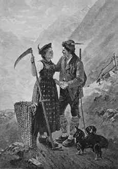 Charm Prints: Affectionate meeting of a farmer's woman with a scythe and a grass basket and a hunter with a rifle