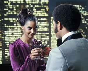 African-American Couple Man Woman Toasting Wine Glasses Romance Night Skyline Dress