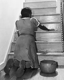 Cleaning Prints: African American Maid Cleaning Staircase
