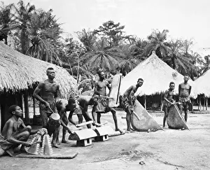 Central Africa Prints: Africans Play Various Percussion Instruments