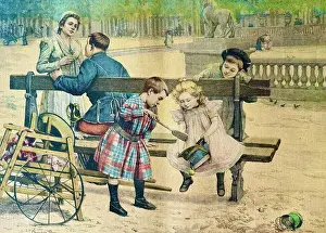 Every age has its advantages, three children play on a bench in the park with the hat of a soldier flirting with a young lady on the same bench