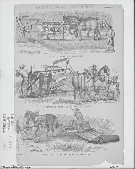 Prints of Printed engravings of agricultural implements, showing various reaping machines pulled by horses and led by farmers. (Photo by (F. Lewis/Archive Photos/Getty Images) Urban Echoes of America’s Golden Age: Agricultural Reaping Machinery