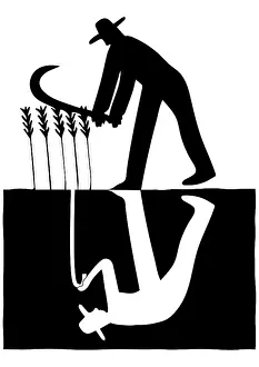 Prints of Dorling Kindersley Prints Unlock the world's wonders with Dorling Kindersley's captivating illustrations – where knowledge meets artistry in every stroke: Agricultural worker tending to crops and below the ground a reflection of him with a walking cane
