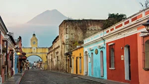 National Landmark Collection: Agua Volcano and Arco de Santa Catalina (Santa Catalina Arch) in Antigua Guatemala