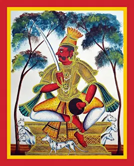 Horses Prints: Aiyanar sits in lalitasana in a Grove