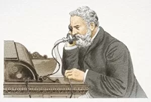 Images Dated 19th April 2006: Alexander Graham Bell speaking 1876 Bell telephone, side view