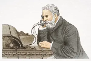 Inventor Prints: Alexander Graham Bell speaking 1876 Bell telephone, side view