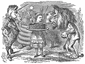 Alice holding a Plum Cake with The Lion and the Unicorn in Through the Looking-Glass