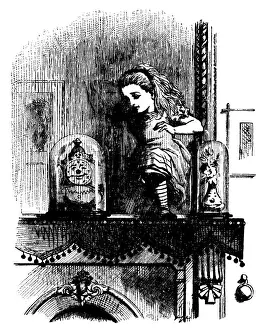 Alice on the mantlepiece illustration, (Alices Adventures in Wonderland)