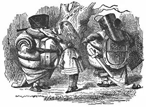 Alice with Tweedledum and Tweedledee Suiting Up for a Fight in Through the Looking-Glass